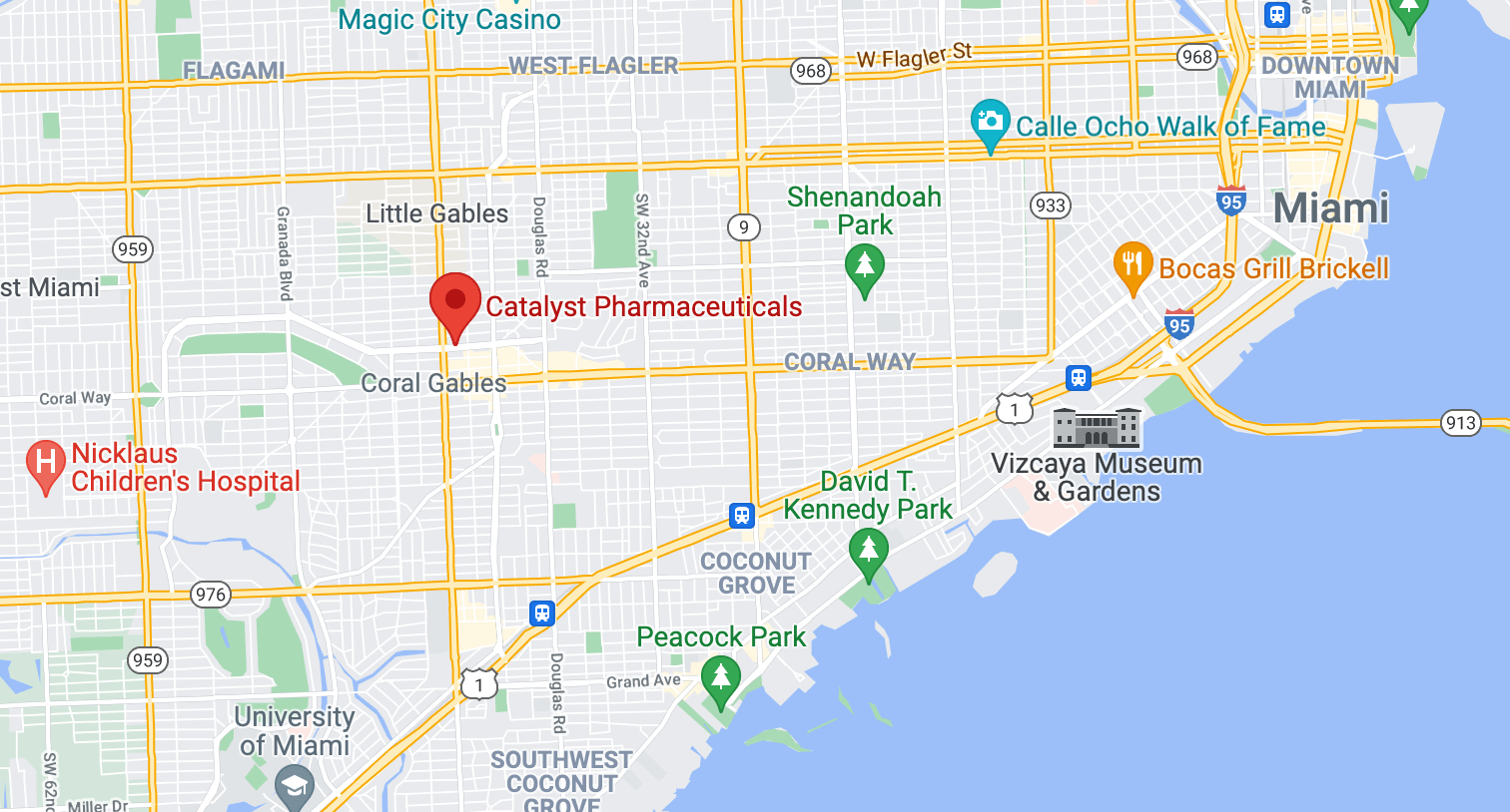 Showing the location of Catalyst Pharmaceuticals headquarters.